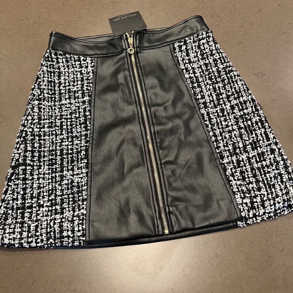 NWT Marc New York Zip Front Vegan Leather & Tweed Combo Skirt Sz: 2